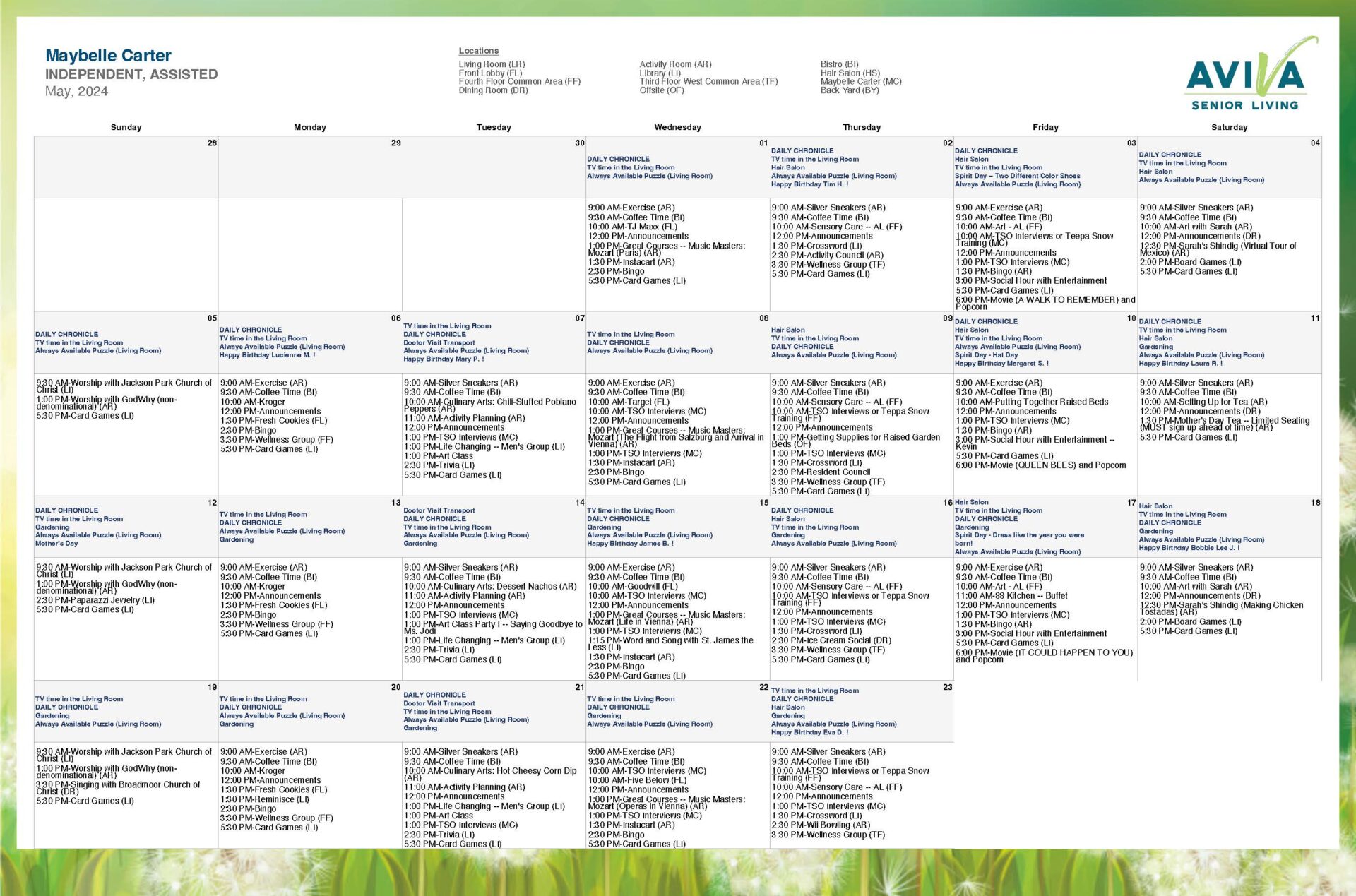 Aviva Maybelle Carter May 2024 Event Calendar - page 1